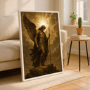 Close-up of Archangel Michael with divine glow in religious wall art