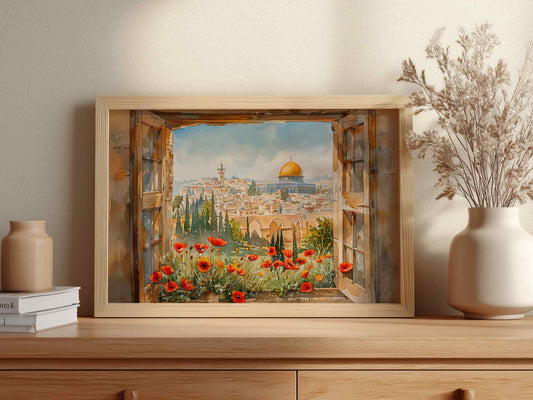 Window view of the Dome of the Rock with floral motifs
