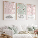 Quran verses artwork on a sage green panel with pink accents