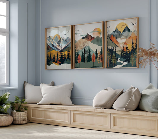 Mountain landscape wall art for boys room with tree motif