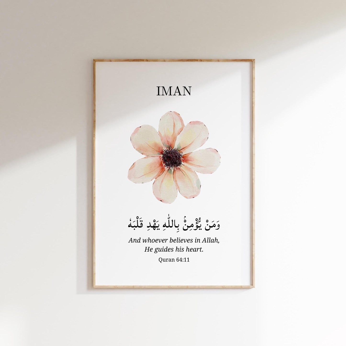Iman Quote Quran 64:11 Islamic wall art with floral border