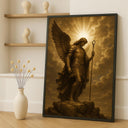 Archangel Michael canvas painting with radiant golden light and staff