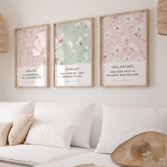 Three-panel Islamic wall art triptych featuring Quran verses in sage green and pink