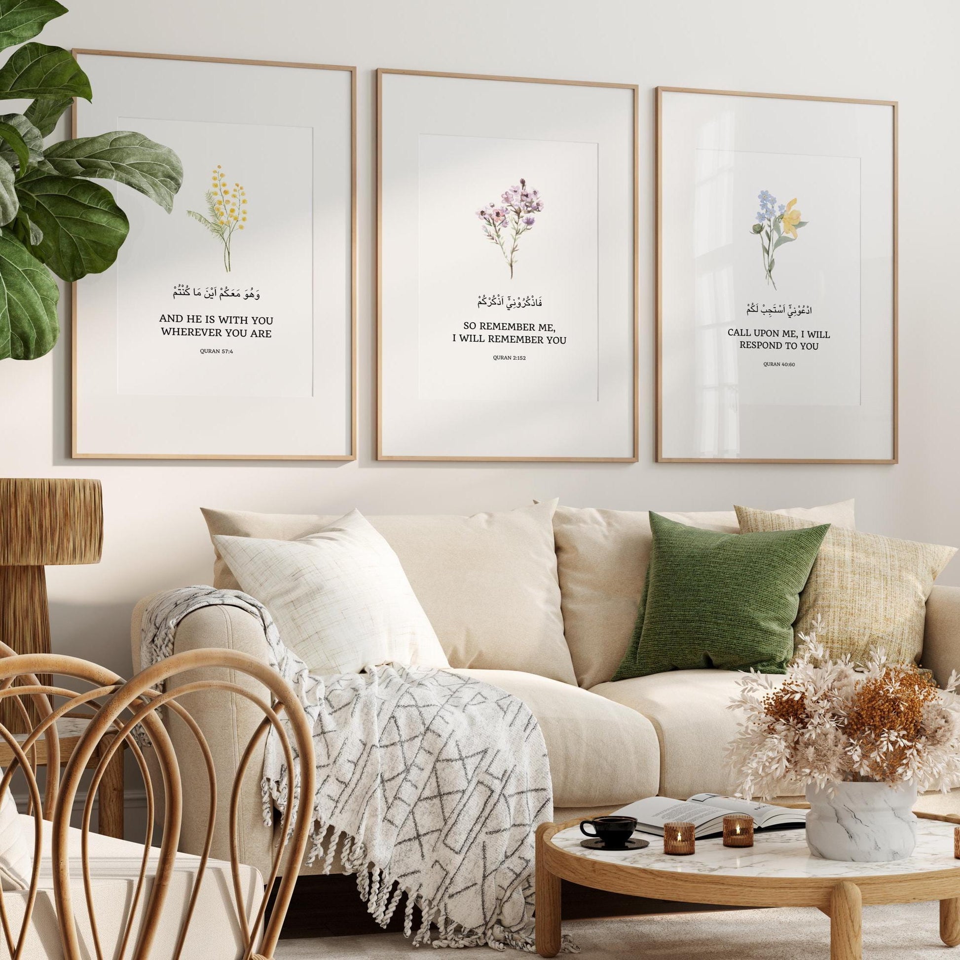Quran verses wall art trio with elegant floral accents