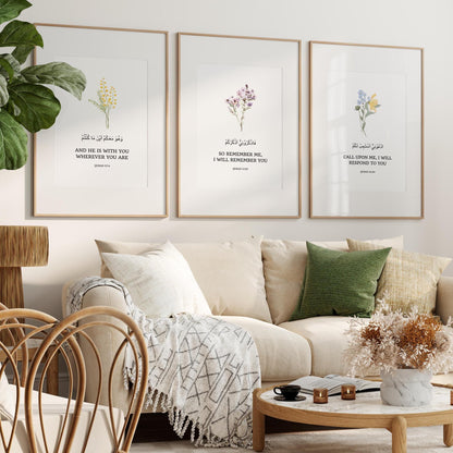 Quran verses wall art trio with elegant floral accents