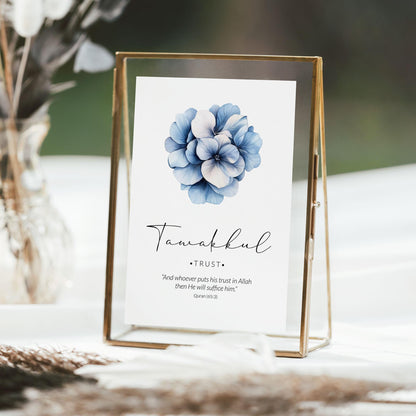 Framing ready Tawakkul Quran verse wall art in navy blue