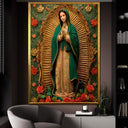 Virgin of Guadalupe canvas painting with roses - front view