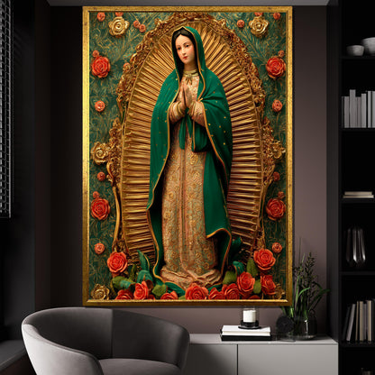 Virgin of Guadalupe canvas painting with roses - front view