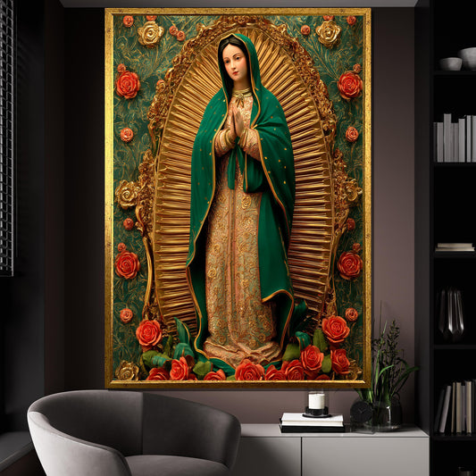 Virgin of Guadalupe canvas painting with roses - front view