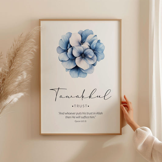 Tawakkul Islamic wall art with Quran verse on navy blue background