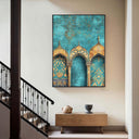 Living room wall art showcasing turquoise and gold palette