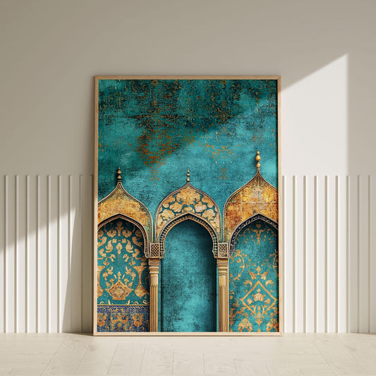 Golden arch Islamic wall art with turquoise and gold tones