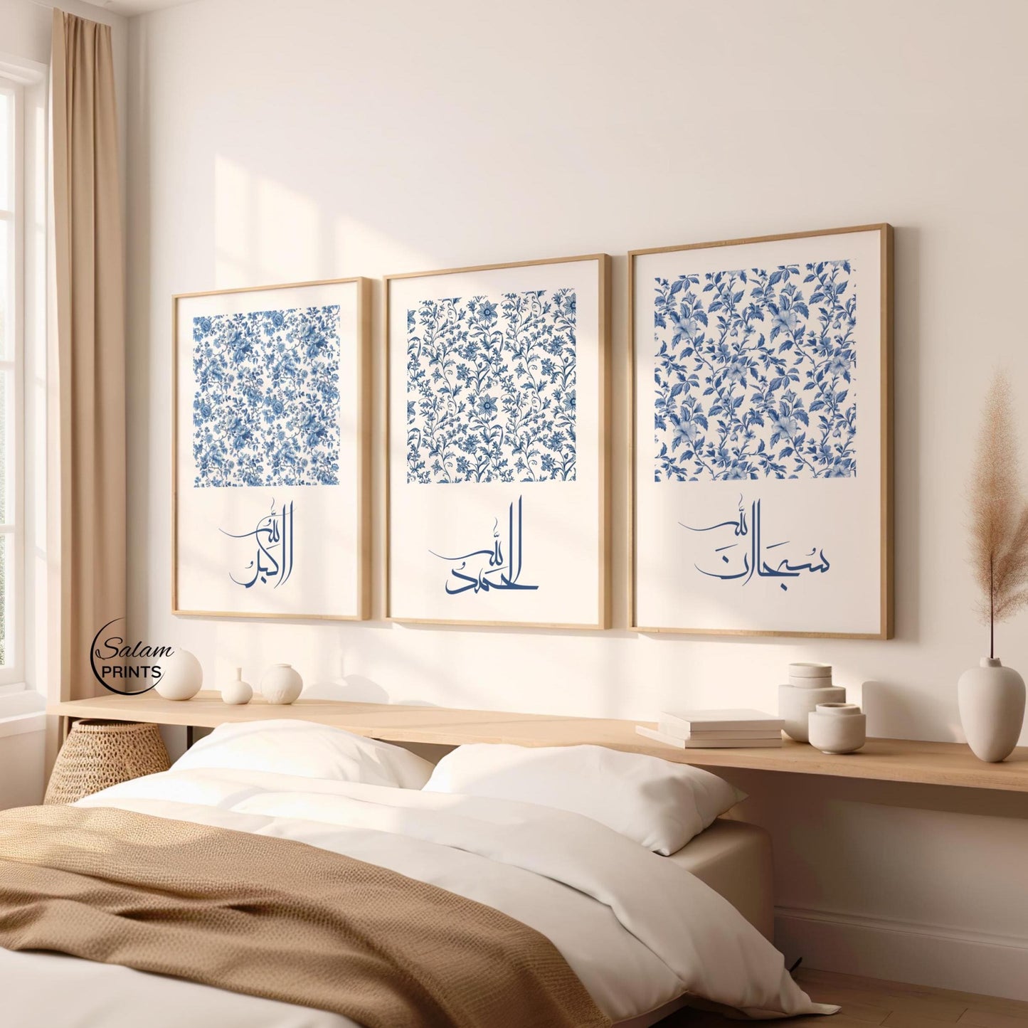 Three-piece blue and white Islamic calligraphy wall art set