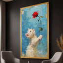 Full view of impasto kitten canvas art with red rose on blue background