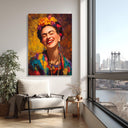 Framed wall art: Frida portrait canvas with vibrant blooms
