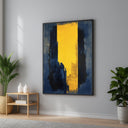 Navy blue and yellow abstract canvas art with bold geometric shapes