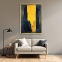 Close-up of navy blue and yellow geometric pattern on canvas