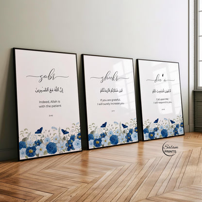 Close-up of navy blue floral dhikr typography on wall art