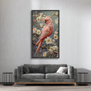 Vibrant pink cockatoo wall art with floral accents for living room