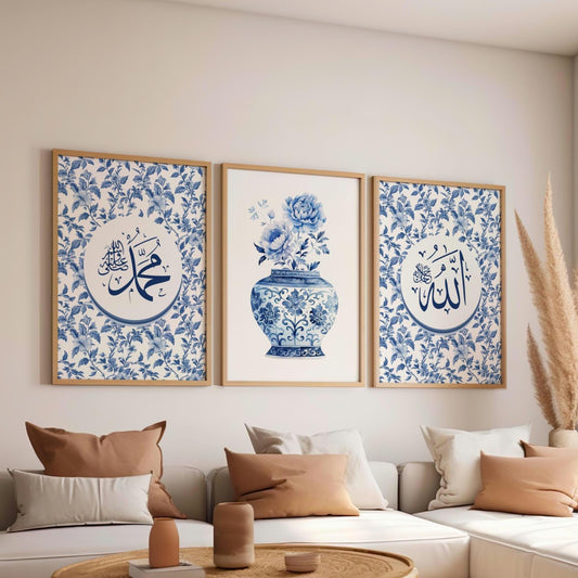 Blue Islamic wall art triptych – three panels with calligraphy