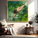 Close-up of abstract swimming figure in green water tones on canvas