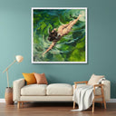 Abstract wall art of a swimmer silhouette with flowing green water textures
