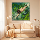 Contemporary canvas painting with green water textures and abstract female figure