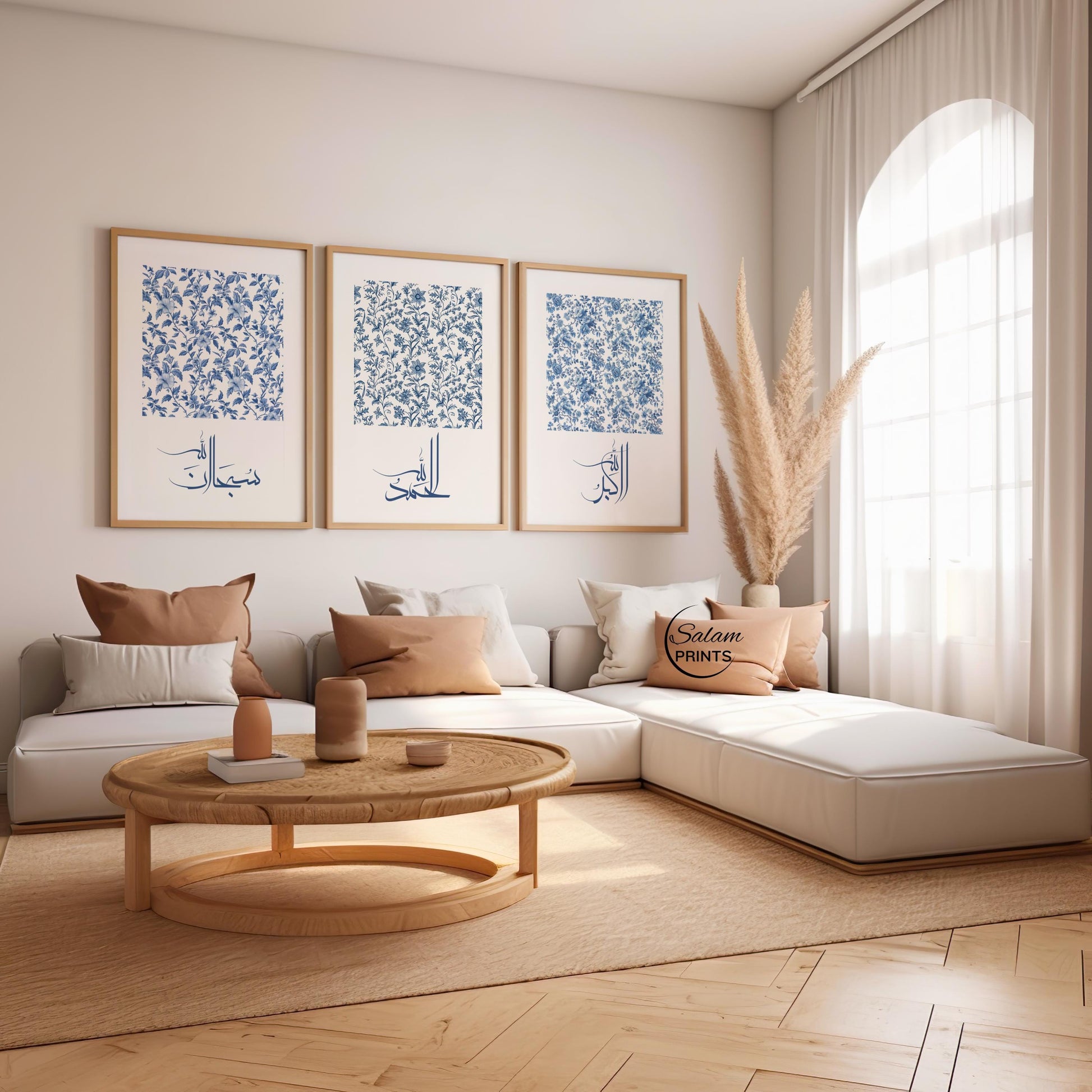 Arabic Dhikr calligraphy close-up in blue on white