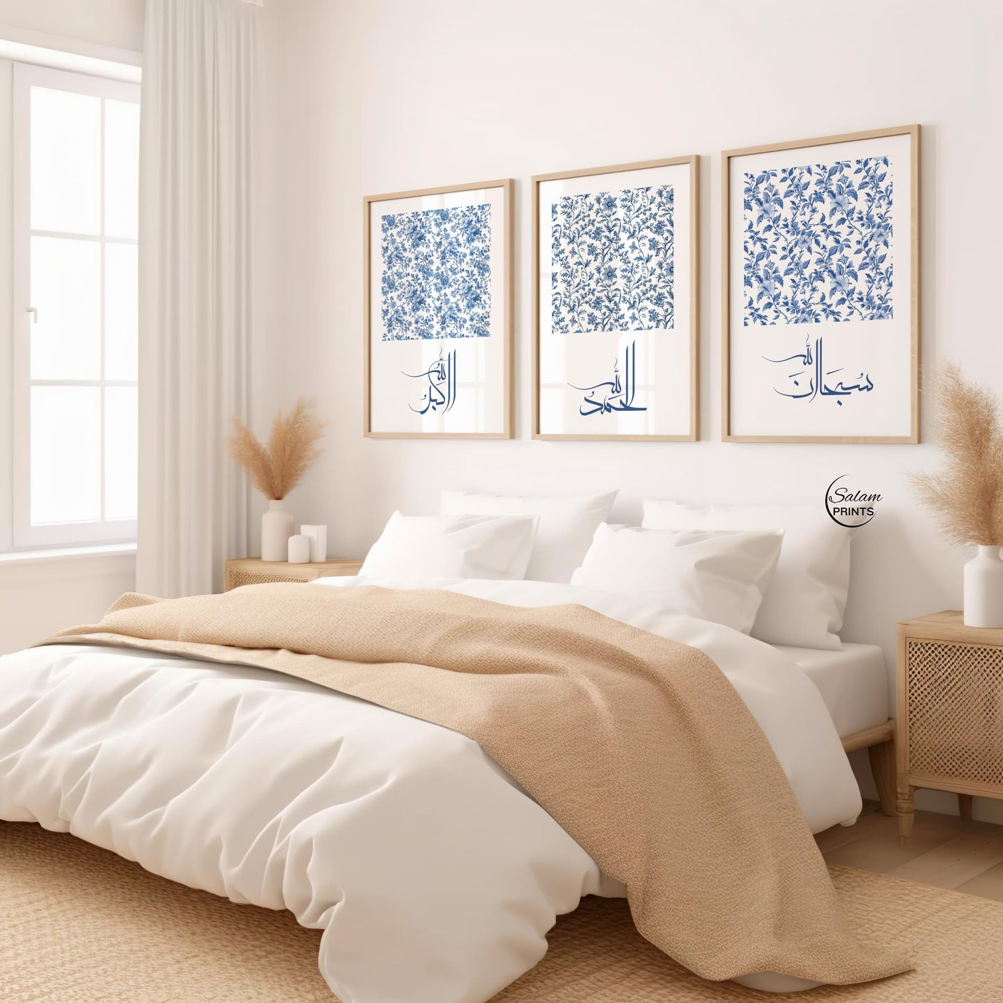 Blue and white Arabic script wall decor