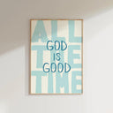 Living room setup with navy scripture wall art above sofa (unframed)