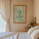 Modern living room featuring navy scripture wall art as focal point