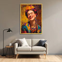 Close-up of floral headpiece on Frida-inspired portrait canvas