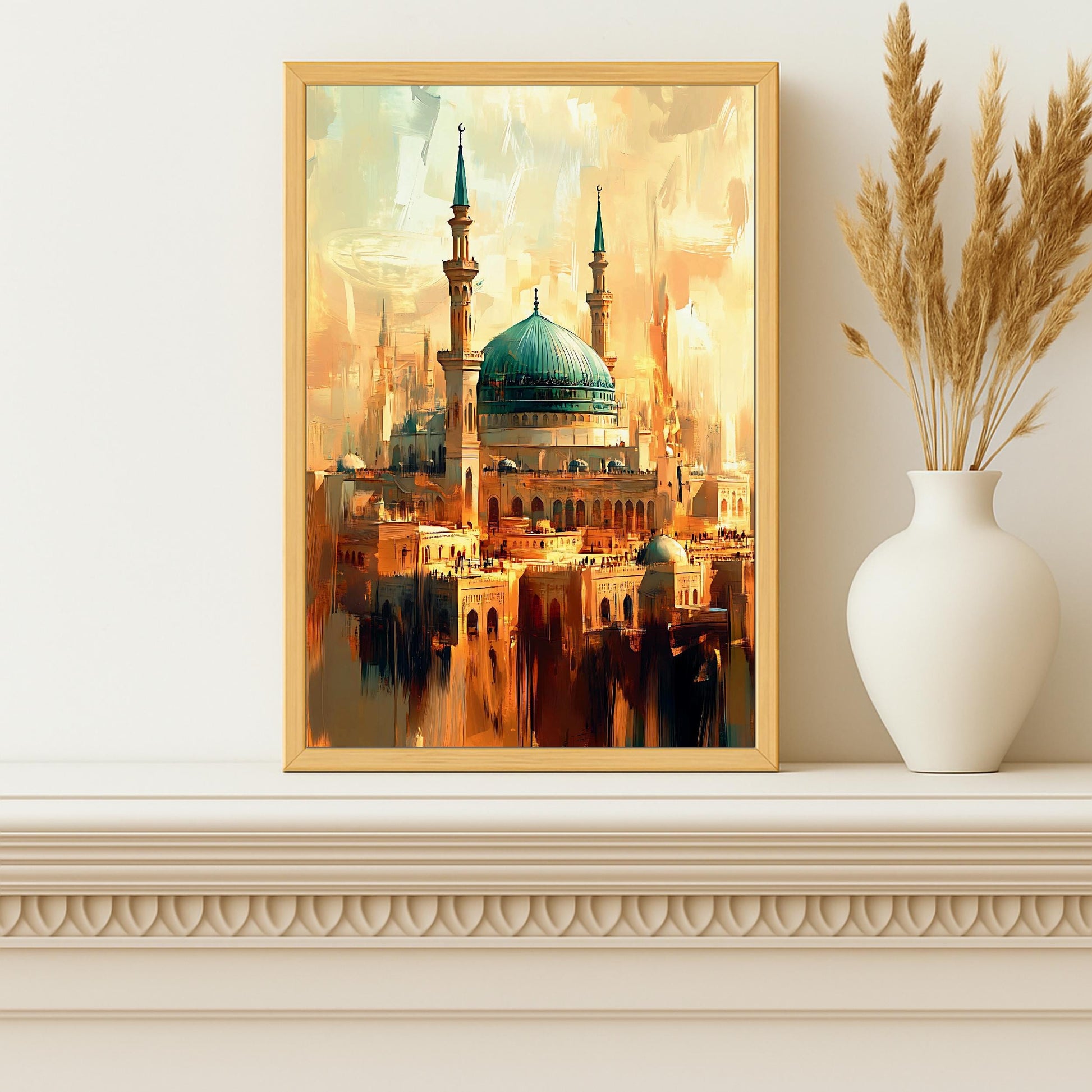 Prayer space decor with vintage Mecca Mosque painting