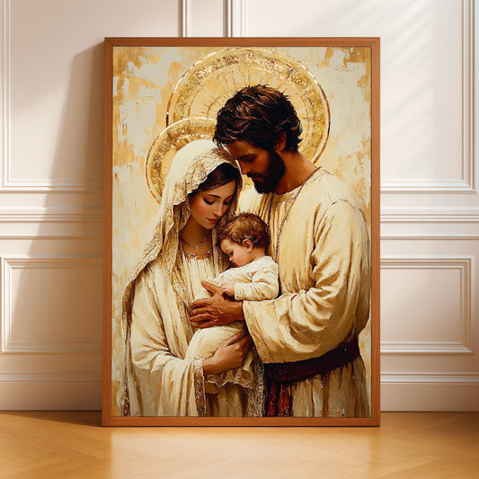 Neutral Holy Family wall art with vintage Catholic style