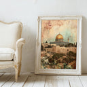Soft brushwork depicting Al-Aqsa Mosque domes against a muted sky