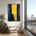 Ready to hang abstract canvas art featuring navy blue and yellow hues