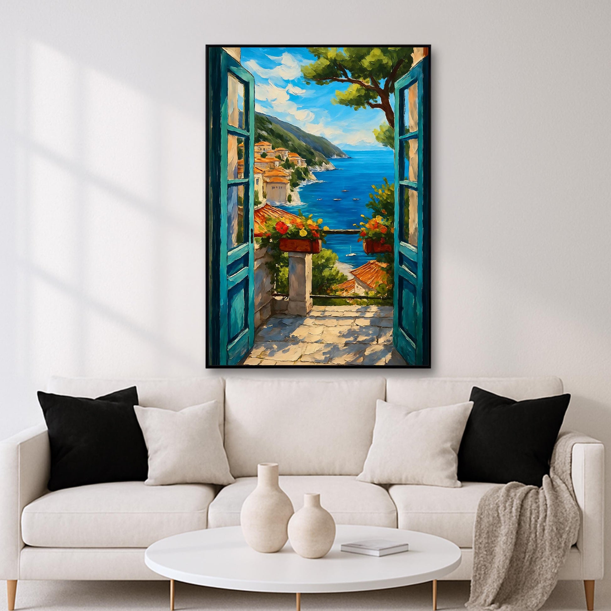 Close-up of thick impasto brushwork in Mediterranean palette