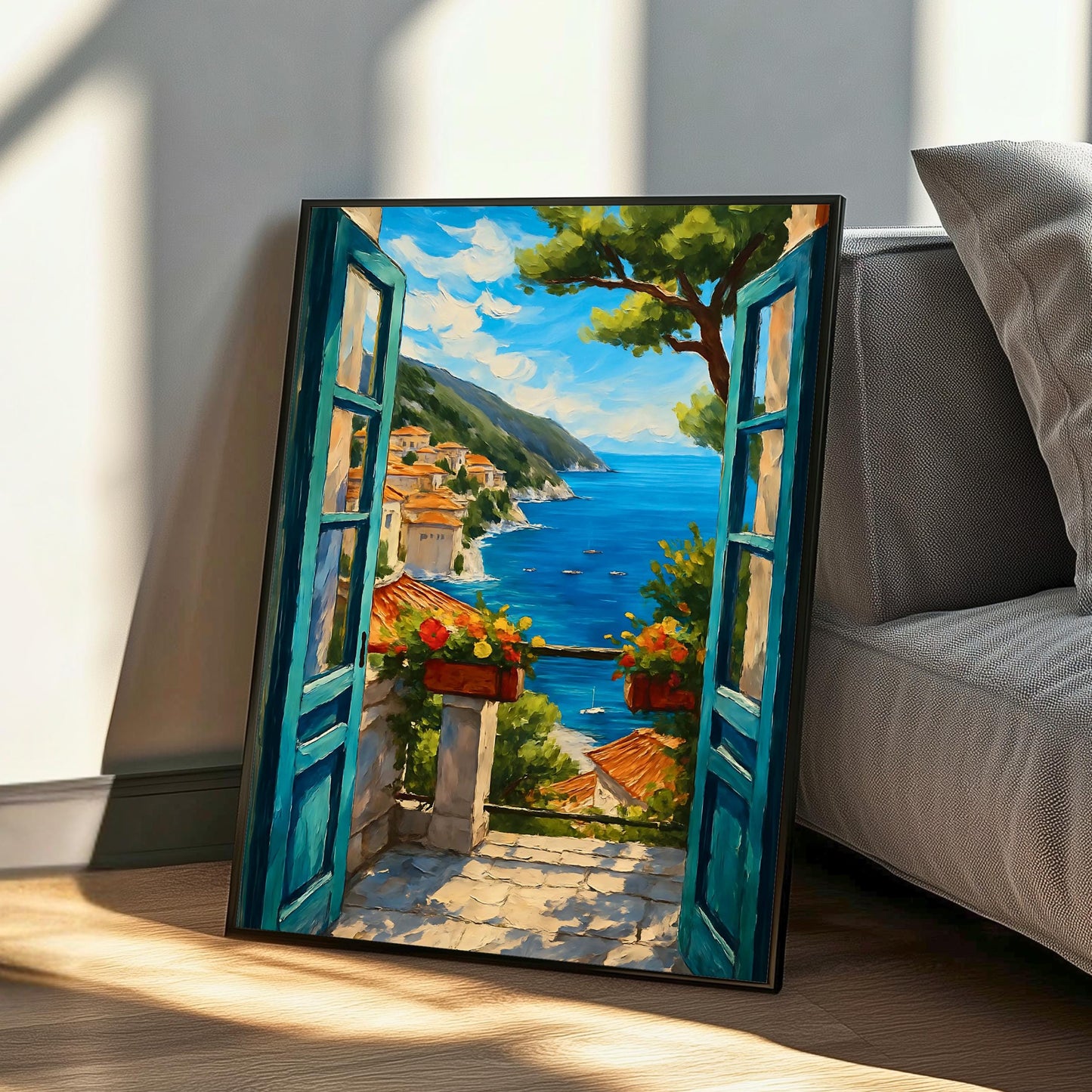 Vibrant coastal scene as a wall art piece in a bright room