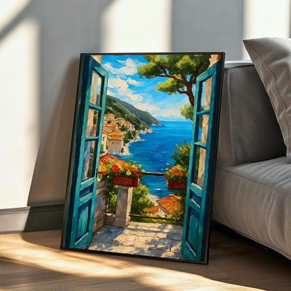 Vibrant coastal scene as a wall art piece in a bright room
