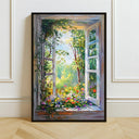 Garden window art print with blooming florals in cottagecore style