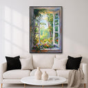 Close up of floral bouquet through sunlit cottage window
