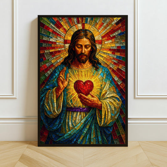 Sacred Heart of Jesus mosaic wall art with stained glass-inspired colors