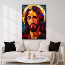 Close-up of stained glass Jesus religious wall decor texture