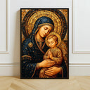 Virgin Mary mosaic art featuring Madonna and Child on neutral background