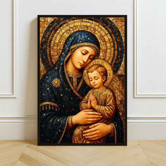 Virgin Mary mosaic art featuring Madonna and Child on neutral background