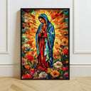 Portrait of Our Lady of Guadalupe in a colorful mosaic style