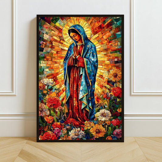Portrait of Our Lady of Guadalupe in a colorful mosaic style