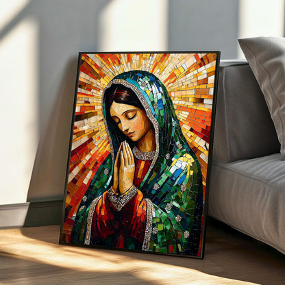 Vibrant Mary of Guadalupe mosaic artwork displayed in living room
