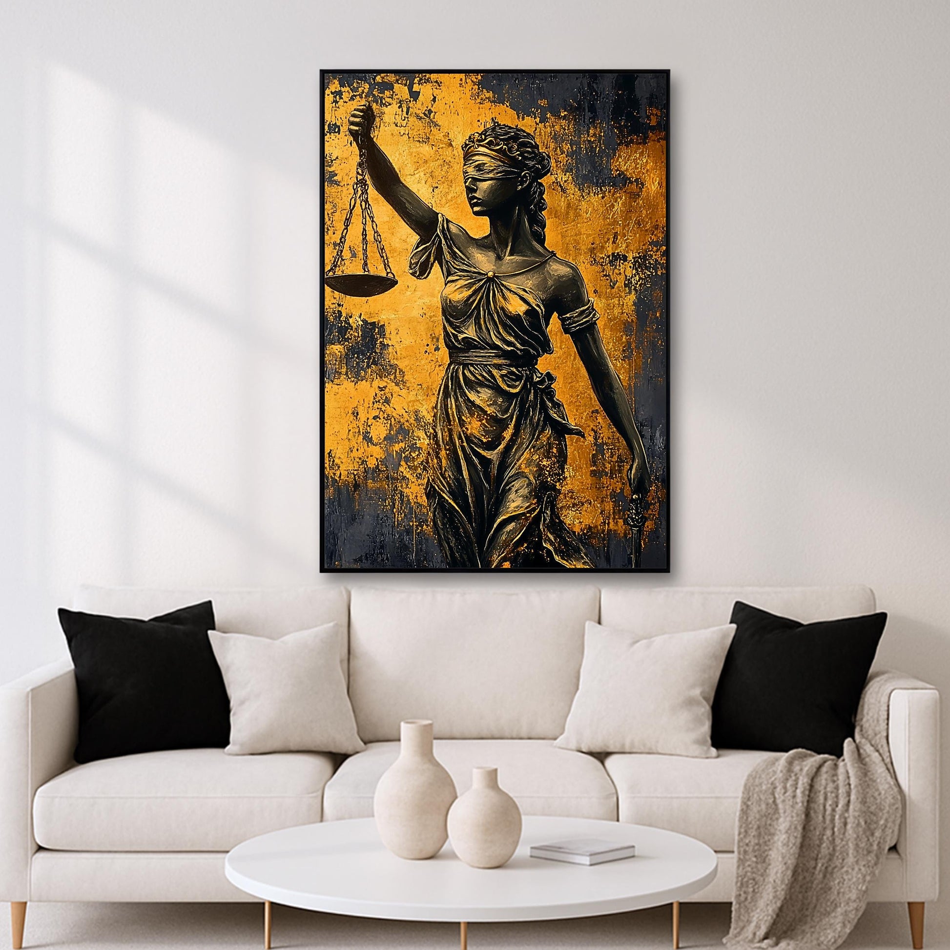 Close-up of impasto texture on Lady Justice wall art