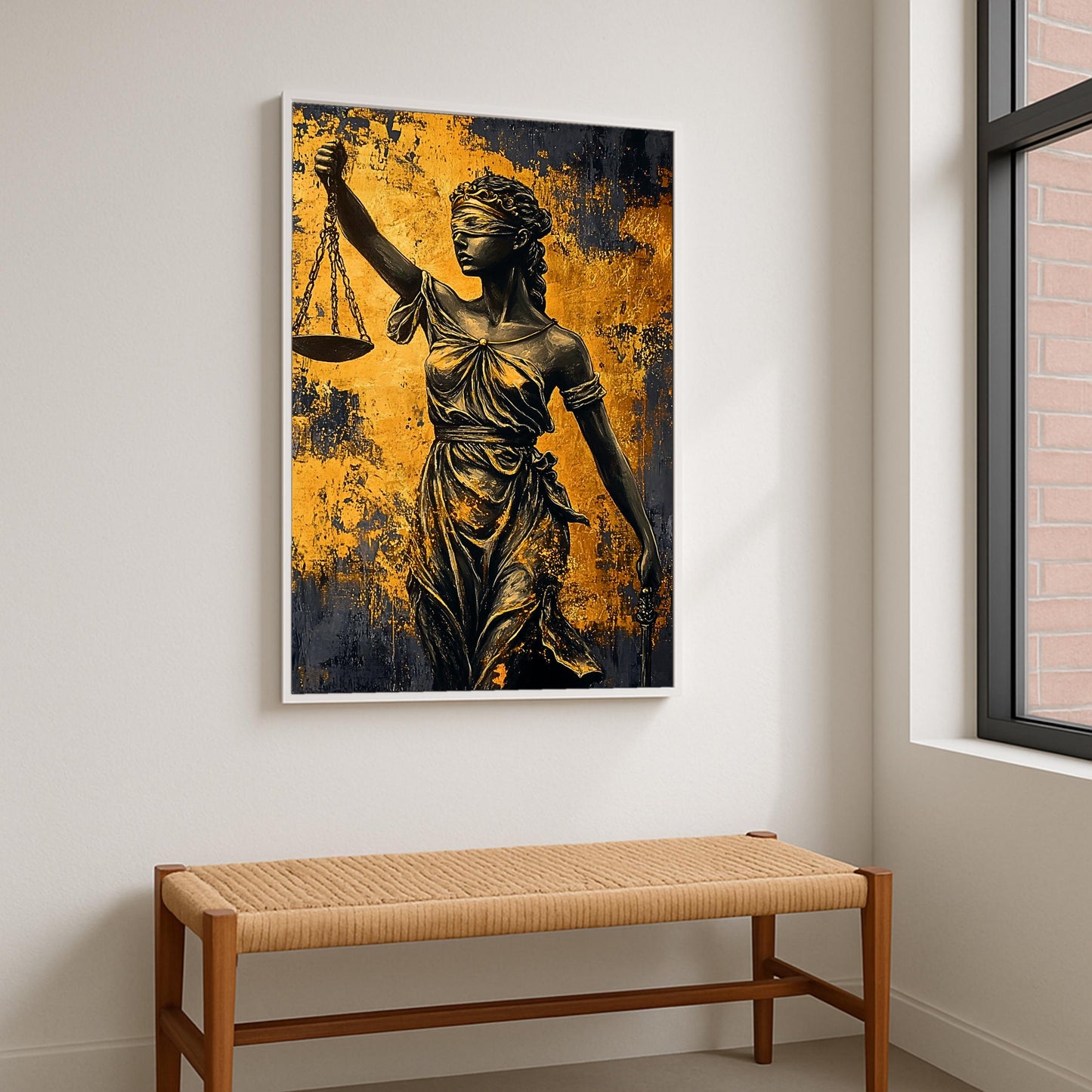 Framed Lady Justice impasto art print in a professional setting